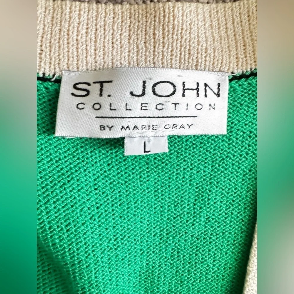 St. John Collection Long Green/Black Gold Buttons Open Front Cardigan Sz L P-38